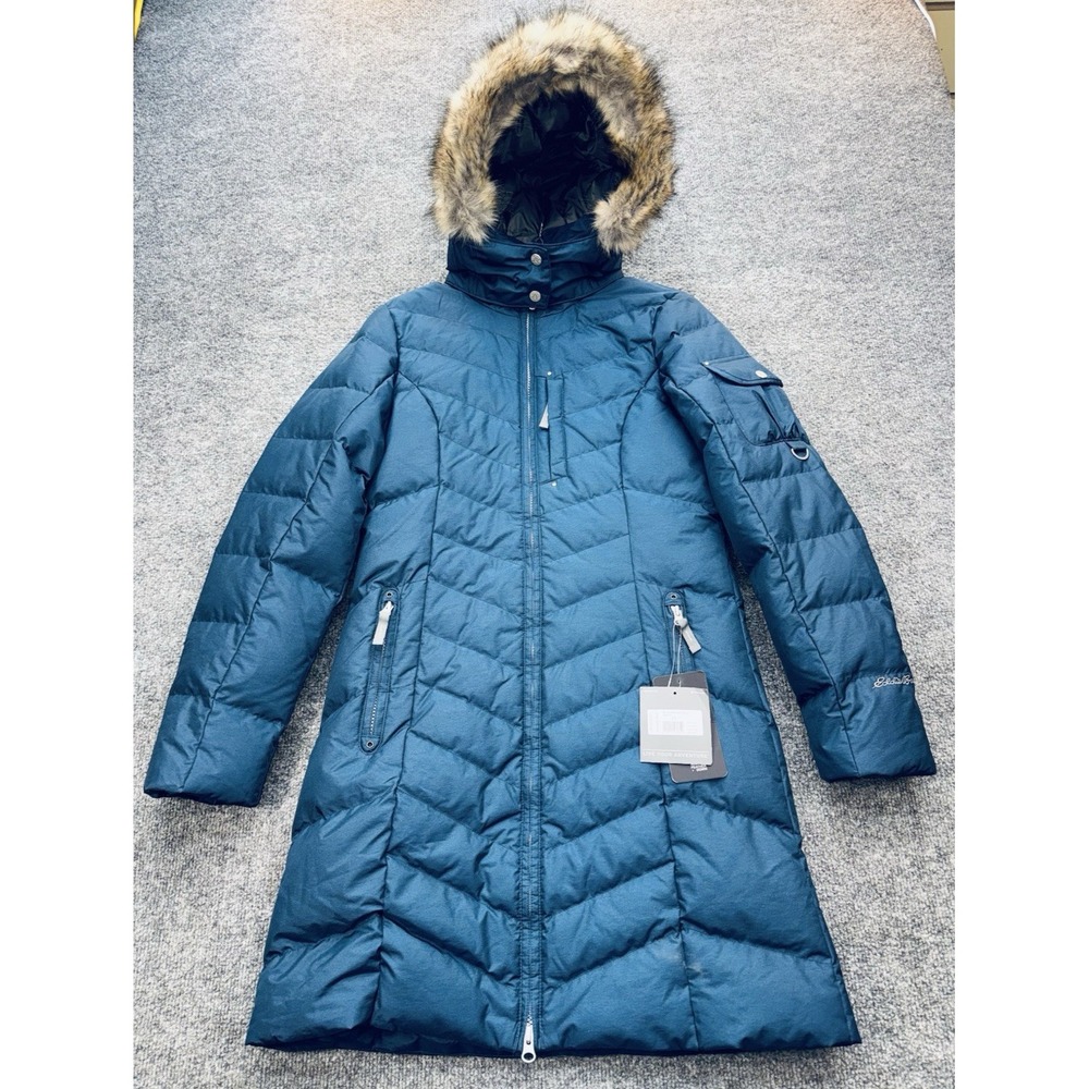 Eddie Bauer Sun Valley Women's XS Down Parka 650 Fill Faux Fur Hood Navy NWT